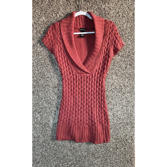 Y2K Wet Seal Pink Cable Knit Sweater Mini Dress Shawl Collar Cottagecore Tunic - Picture 1 of 6